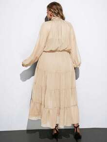 Maija 大码女装新品，返校季穿搭，2000年代复古乡村风服装，女士办公室商务休闲连衣裙，约会/外出/机场/派对装扮，春夏纯色扭领灯笼袖层叠下摆半透明超长连衣裙 - 杏色 - 查看 2