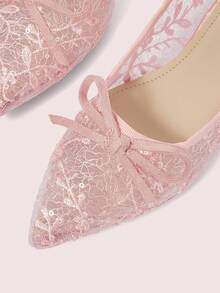 CUCCOO DOLLMOD Ladies Light Pink Mesh Flower Embroidery Fashion Double Bow Cute Elegant Mary Jane Flat Shoes - Baby Pink - View 5