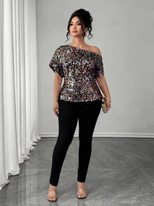 Elenzga Plus Size Women's Fashionable Colorful Beaded Cold Shoulder Top - Multicolor - View 5