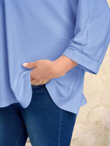 EMERY ROSE 大码女式宽松七分袖蓝色T恤，适合外出穿着，秋季女装，秋季穿搭，新款服装，休闲日常穿着，春夏度假皆宜，女士蓝色上衣，春夏度假，通勤，日常穿着 - 霧霾藍 - 查看 6