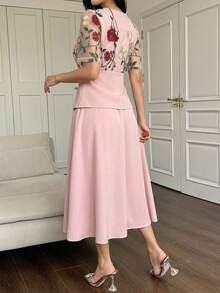 DAZY 女款優雅刺繡花卉拼接襯衫與裙子兩件套，春夏婚禮賓客女裙 - 粉色 - 查看 2