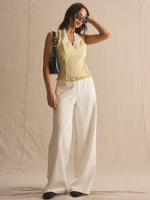 MUSERA V领荷叶边下摆收腰系带上衣，春夏舒适可爱日常少女风度假阳光社交节日 - 黃色 - 查看 5