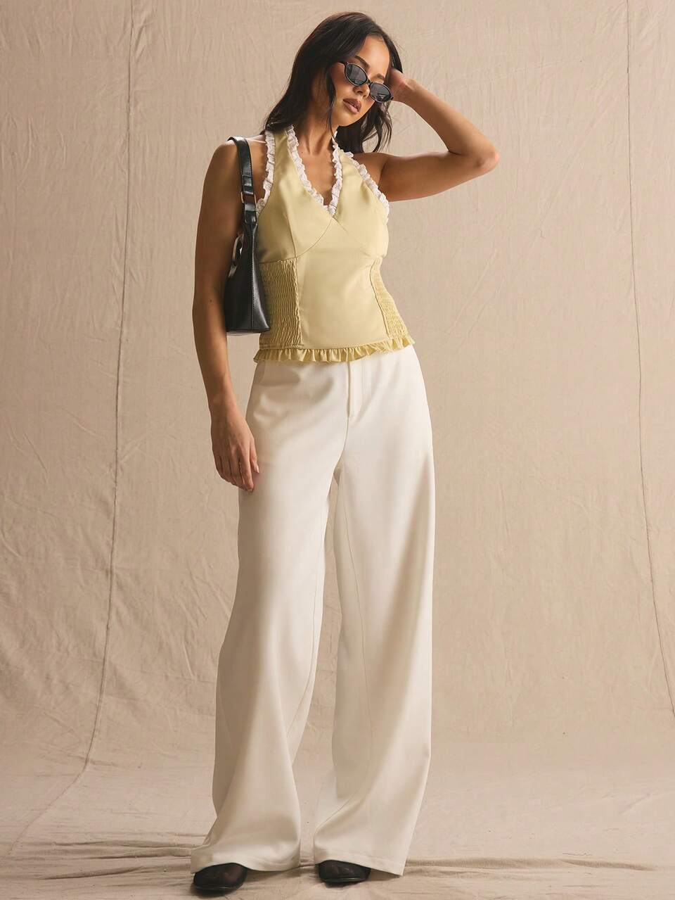 White And Yellow Summer Chic Tea Party V-Neck Ruffle Hem Shirred Waist Tie Neck Top Elegant Girly Y2K Vacation Festival Holiday Mothers Day Casual