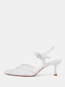 CUCCOO HITCHD Zapatos de novia de tacón alto blancos, de malla transpirable con bordado, pedrería hueca, elegantes, versátiles y sexys, para boda y banquete, zapatos de primavera para novia - Blanco - Ver 2