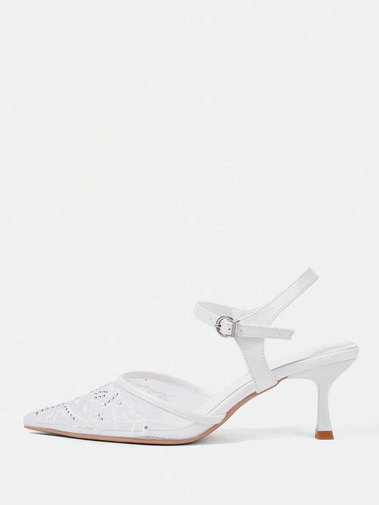 CUCCOO HITCHD Pointed Breathable Mesh Embroidery Rhinestone Hollow Fashion Elegant Versatile Sexy Fairy Wedding Banquet White High Heels Wedding Shoes Spring Shoes Bride Shoes