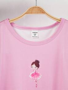 Genkimix Kids 2件套 小女孩可爱卡通芭蕾舞女孩印花休闲短袖长睡衣套装，粉色和白色 - 粉色 - 查看 3