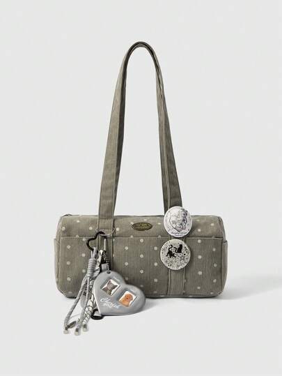 ROMWE Kawaii 1个大象灰Y2K复古学院风波点印花图案，带条形徽章爱心吊坠装饰设计，多功能多口袋单肩手提包，时尚简约女士单肩包，适合日常、上学、购物、旅行、约会等场合。