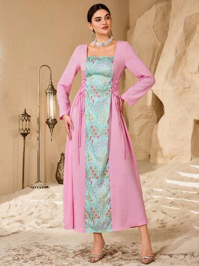 Al Najma Vestido elegante de estilo árabe con estampado floral, manga larga y cinturón de amarre a la cintura para mujer