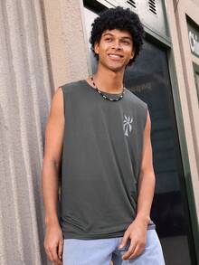 Open Phase 男士度假字母和棕榈树印花圆领休闲背心 - 深灰色 - 查看 7