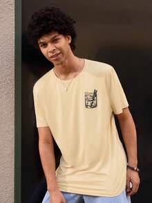 Open Phase 男士休闲圆领短袖字母印花T恤，夏季 - 杏色 - 查看 5