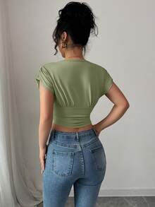 Elenzga Áo thun nữ cổ chữ V dáng suông, thắt eo - Màu xanh chanh - Xem 2