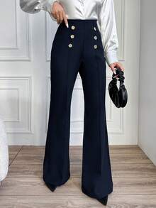 EURMUSE Ladies' Solid Color Double Breasted Flared Pants - Navy Blue - View 3