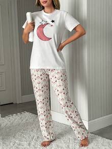 SHEIN Dreamy Moon & Star Print Contrast Tee & Striped Pajama Set - Pink - View 3