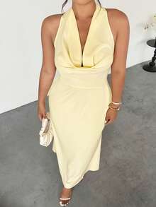 Firerie Đầm hở lưng màu vàng kem thanh lịch với dây buộc eo, thích hợp cho mùa hè, mùa thu, mặc hàng ngày, đi nghỉ mát, dự tiệc, lễ tốt nghiệp, tựu trường. - Màu vàng - Xem 6
