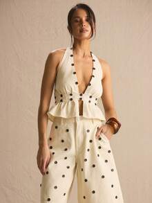 MUSERA Button Detail Halterneck Co-Ord Top Only Spring Summer Cosy Cute Daily Girly Vacation Sunlight Social - Beige - View 3