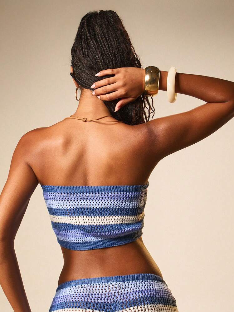 MISSGUIDED Women's Knit Striped Bandeau Top And Shorts Set Summer Beach Two Piece Strapless Drawstring Waist Casual Vacation Outfit