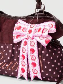 ROMWE 1个棕色可爱甜美草莓蝴蝶结吊坠Y2K复古现代经典波点波普艺术字母刺绣徽章花朵印花女士手提包，时尚简约大容量女士单肩包 - 棕色 - 查看 3