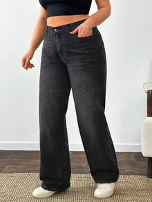 SHEIN Blugi din denim, 100% bumbac, mărime mare, talie înaltă, croială dreaptă, culoare neagră, casual, cu bandă elastică la talie - Negru - Vizualizare 4