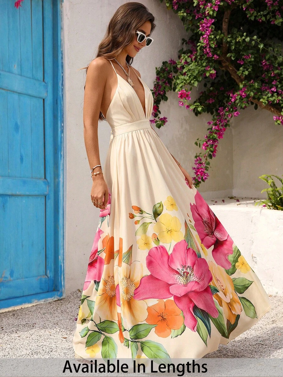 SHEIN PETITE CURVE 大码女式印花褶皱性感时尚吊带连衣裙 - 彩色 - 查看 1