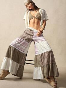 Bohemela Women's Casual Woven Patchwork Loose Wide Leg Splicing Pants Bohemian Outfits Women Summer Baggy Pants - Multicolor - View 2