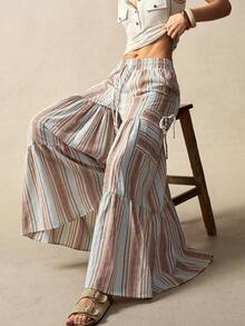 Bohemela 女士休闲轻松夏日风，完美适用于外出、度假、海滩、波西米亚乡村音乐节等场合。花卉提花条纹亚麻宽松喇叭阔腿裤，尽显自由自在的时尚风格，是沙滩装、夏季度假装的理想之选。 - 彩色 - 查看 5