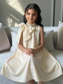 SHEIN Tween Girl Rhinestone Collar Sleeveless A-Line Dress,Oversized Bow Organza Decor Modest Formal Dress For Girls,Cream White,Summer,Elegant,Party - Apricot - View 3