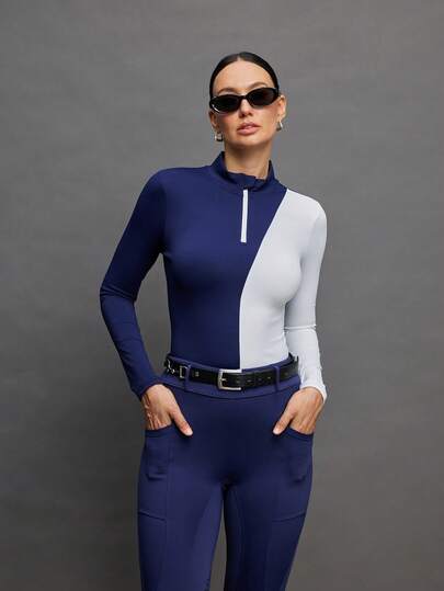 Activina Women's Contrast Color Patchwork Fitted Long Sleeve Equestrian Top