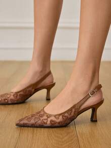 CUCCOO HITCHD Women Shoes Spring And Summer New Mesh Upper Exposed Heel Adjustable Pointed Thin High Heel Middle Heel Gorgeous Wind Sweet Outer Wear - Brown - View 5