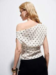 Aveloria Modichic Elegant Black White Polka Dot Summer Crop Top,One-Shoulder Asymmetric Sleeveless Ruched Design,Retro Chic Stretchy Fitted Silhouette For Date,Party - Apricot - View 2