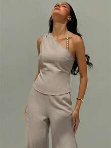 Aloruh Women's Beaded Decor Shoulder Top + Wide Leg Pants Commuter Set,Work Outfits For Women - Khaki - View 8