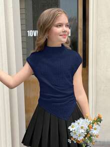 SHEIN Serisse Kids 少女休闲针织修身漏斗领褶皱不对称下摆短袖上衣，适合春夏返校季，可与妈妈亲子装搭配 - 藏蓝色 - 查看 2