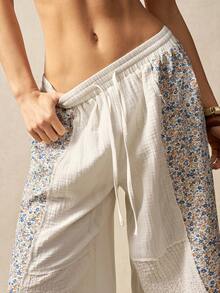 Bohemela Women's Casual Woven Print Patchwork Solid Color Loose Wide Leg Pants Vacations Women Summer For Women Holidays For Women White Pants Casual For Women Spring - Multicolor - View 5
