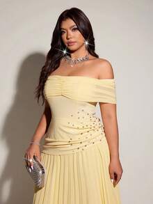 Viva Relle 大码女士优雅浪漫修身露肩弹力连衣裙，春夏款 - 黃色 - 查看 5