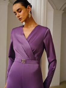 ZEYLAH Long Sleeve Satin Jumpsuit With Detachable Belt, Spring/Summer - Purple - View 1
