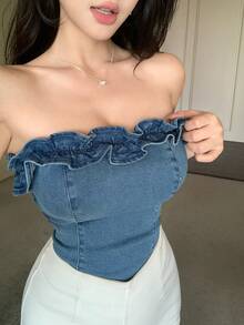 DAZY Áo ống denim nữ kiểu dáng thường ngày với viền bèo nhún, thích hợp cho mùa hè. - Màu xanh lam - Xem 4