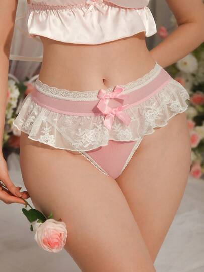 粉色网纱荷叶边蕾丝重工刺绣花卉蕾丝蝴蝶结朦胧性感可爱浪漫卡哇伊萝莉音乐节派对女士内裤