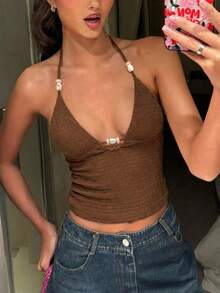 Avenya Women's Sexy Halter Beaded Textured Knit Top - Brown - View 2