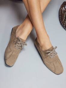 CUCCOO GRLICON 女士方头系带休闲平底乐福鞋 - 卡其色 - 查看 2