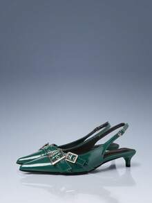 CUCCOO GRLICON 绿色尖头交叉绑带双扣小猫跟空心女鞋 - 綠色 - 查看 1