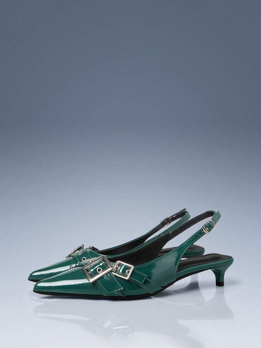 CUCCOO GRLICON 绿色尖头交叉绑带双扣小猫跟空心女鞋 - 綠色 - 查看 1