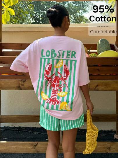 Muchica Women's Cotton Casual Beach Vacation Lobster Striped Letter Print Loose Fit Drop Shoulder T-Shirt And Shorts Set, Summer Beach Outfits For Women
