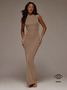 MUSERA ESSENTIALS High Neck Sheer Mesh Racer Bodysuit Underlayer Maxi Dress  Spring Night Out Sexy Cute Mesh Essential Elegant Summer Long Dress - Camel - View 1