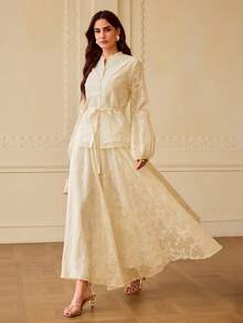ZEYLAH Elegant Commuter Floral Embroidery Lantern Sleeve Shirt And Skirt 2 Pieces Set - White - View 4