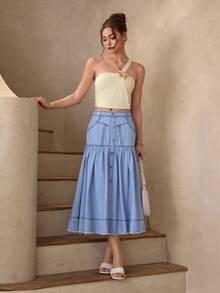 Selenza Women's Casual Denim Skirt With Pockets, Button Design And Ruffle Hem - Blue - View 6