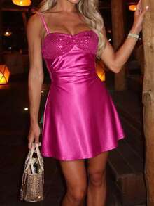 Avenya Váy satin đính sequin, hở lưng, xếp ly, cổ yếm - Màu tím - Xem 2