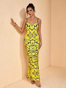 JIAN LASALA 全印花针织吊带V领无袖女士夏季长连衣裙波西米亚休闲度假优雅 - 黃色 - 查看 7