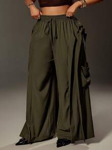 Maweii Quần cargo nữ cỡ lớn có túi bèo nhún, kiểu dáng thể thao đường phố thường ngày mùa xuân/hè, màu xanh lá cây. - xanh quân đội - Xem 3