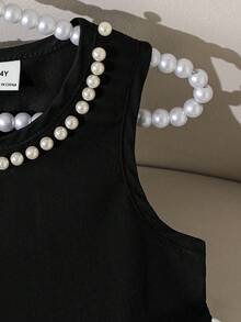 Elladie kids Đầm mùa hè mới về cho bé gái, kiểu dáng thanh lịch quý phái, không tay, cổ tròn đính ngọc trai, viền phối màu tương phản và chân váy xòe, thích hợp mặc hàng ngày và dự tiệc. - Đen và trắng - Xem 7