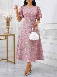 SHEIN Lady Women's Jacquard Round Neck Short Petal Sleeve Midi Dress Brocade Jacquard Dress Belle Elegant Dress French Style Dress Elegant Midi Dress Puffy Sleeve Dress - Dusty Pink - View 6