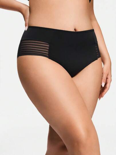 SHAPORA 1件黑色加大码女士内裤，带透视线条设计